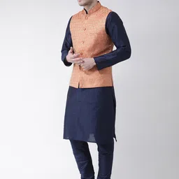 LAMAAYA Men Navy Blue & Orange Woven Design Kurta with Pyjamas With Nehru Jacket image 5