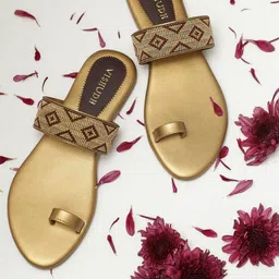 Vishudh Women Gold-Toned & Brown Textured One Toe Flats-38