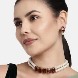 I Jewels Maroon & White Stone Studded & Beaded Jewellery Set-image-34