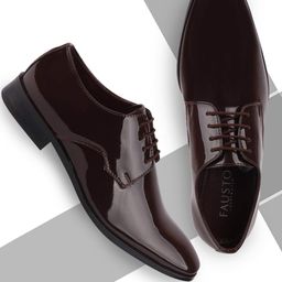 FAUSTO Men Burgundy Solid Patent Leather Party Derbys-image-99