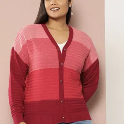 Sztori Plus Size Colourblocked V-Neck Acrylic Cardigan-27
