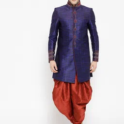 Manish Creations Men Navy Blue & Maroon Checked Sherwani-image-65