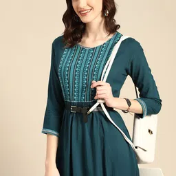 Sangria Women Teal Ethnic Motifs Embroidered Indigo Kurta-picture-22