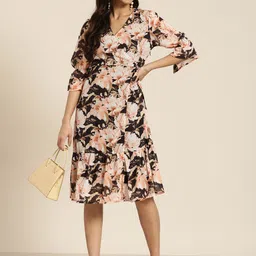 HERE&NOW Floral Print Waist Tie-Up Wrap Dress-image-56