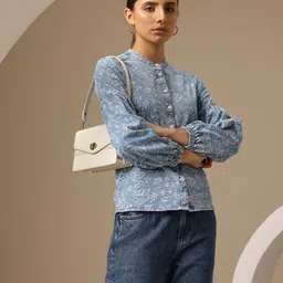Chemistry Floral Print Mandarin Collar Puff Sleeve Pure Cotton Denim Shirt Style Top-image-25