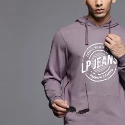 Louis Philippe Jeans Men Lilac & White Printed Pure Cotton Hooded Sweatshirt-image-110