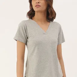 BRINNS Women Grey Melange V-Neck Cotton T-shirt-image-97