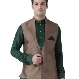 Deyann Brown Silk Regular Fit Nehru Jacket-image-6