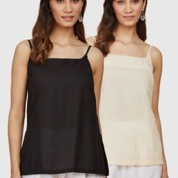 Fabindia Black & Beige Cotton Camisole - Pack Of 2-image-136