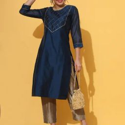 DECKEDUP Navy Embroidered Kurta With Pants-image-46