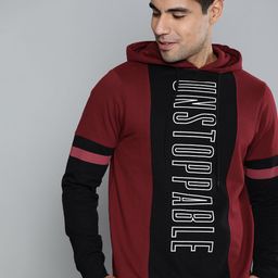 HERE&NOW Men Maroon & Black Colourblocked Hooded Pullover Sweatshirt-picture-26
