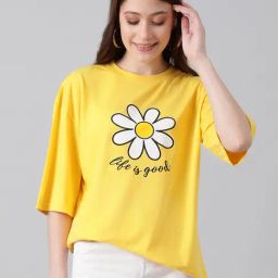Kotty Yellow Printed Oversized T-Shirt-image-34