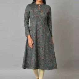 W Teal Blue Floral Print A Line Winter Kurta-image-27