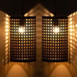 ExclusiveLane Brown Iron Ebony Elegance Hand-Etched Cylindrical Hanging Pendant Lamp - Set of 2-image-26