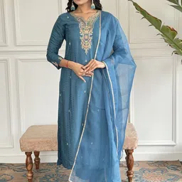 kotrons Women Woven Design Embroidered Kurta with Trousers & Dupatta-picture-5