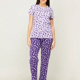 Ginger by Lifestyle Purple Cotton Printed Top Pyjama Set-image-34