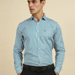 Allen Solly Green Cotton Slim Fit Striped Shirt-image-77