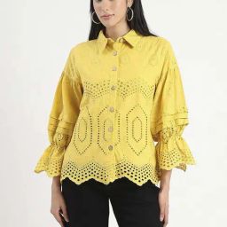 Madame Yellow Cotton Regular Fit Self Pattern Shirt-picture-27