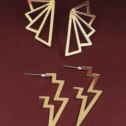 OOMPH Gold Geometric Lightning Bolt and Wings Shape Drop and Hoop Earrings Pack of 2-5