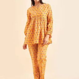 Sweet Dreams Mustard Cotton Printed Tunic Pyjama Set-picture-0
