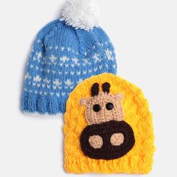 CHUTPUT Kids Set of 2 Blue & Mustard Yellow Crochet Beanie-16