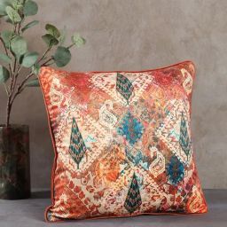 India Circus by Krsnaa Mehta Rustic Charm Printed Orange Velvet Cushion Cover-image-10