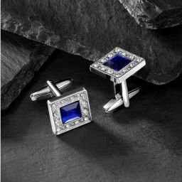Peora Silver Plated Ocean Blue Navy Swarovski Crystal Square Cufflinks for Men-image-7