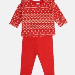 MINIKLUB Girls Red Cotton Printed Full Sleeves Top And Bottom-image-45