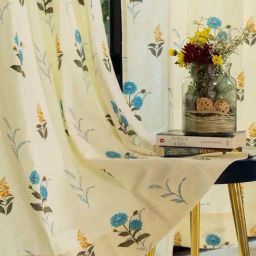 Urban Space Beige & Blue Cotton Cotton Coneflower Printed Long Door Curtain - Set of 2-image-25