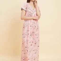 Sweet Dreams Peach Cotton Floral Print Night Gown-image-80