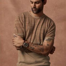 Andamen Khaki Cotton Regular Fit Self Pattern T-Shirt-image-8