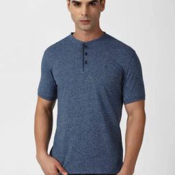 V Dot Blue Slim Fit Texture Henley T-Shirt-image-21