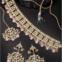 Peora Golden Pink Kundan Set for Women-image-4