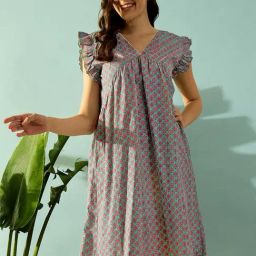 The Kaftan Company Teal Cotton Printed Night Dress-image-98