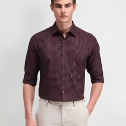 Arrow Burgundy Cotton Regular Fit Checks Shirt-image-34