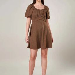 People by Pantaloons Brown Plain A-Line Dress-image-9
