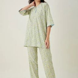 The Kaftan Company Light Green Floral Print Top With Pyjamas-image-9