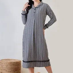 The Kaftan Company Black Cotton Checks Night Dress-image-75