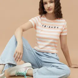 Ginger By Lifestyle Light Orange Cotton Regular Fit Striped T-Shirt image 4