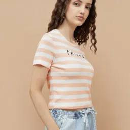 Ginger By Lifestyle Light Orange Cotton Regular Fit Striped T-Shirt image 3