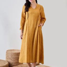 The Kaftan Company Yellow Cotton Solid Night Dress-27