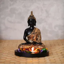 ecraftindia Handcrafted Meditating Blessing Golden Buddha with Wooden Base, Fragranced Petals and Tealight image 1