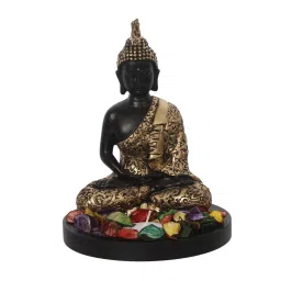 ecraftindia Handcrafted Meditating Blessing Golden Buddha with Wooden Base, Fragranced Petals and Tealight image 3