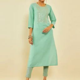 Soch Turquoise Blue Viscose Blend Straight Kurta with Sequin Embroidered Yoke-image-31