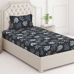 Arrabi Black & Blue Floral Printed 350 TC Single Bedsheet Set 2.25 m x 1.5 m-image-101