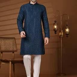 Pro-Ethic STYLE DEVELOPER Men Floral Embroidered Angrakha Sequinned Pure Cotton Kurta with Pyjamas-image-98