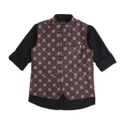 Cavio Kids Black Printed Full Sleeves Nehru Jacket with Shirt-image-3