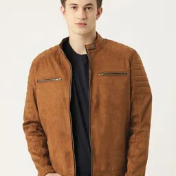 Leather Retail Men Geometric Checked Suede Lightweight Crop Biker Jacket-picture-3