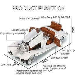Magicwand® Die-Cast Zinc Alloy 1:24 Scale 1936 Merrc-Bennz Classic Large with 4 Openable Doors,Lights & Music & Working Steering【White】【Pack of 1】 image 2