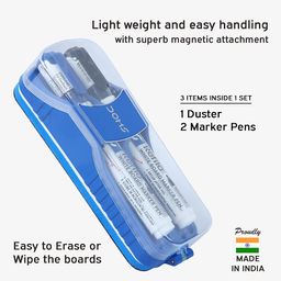 DOMS Fine Magnetic Whiteboard Duster Marker Set | Easy to Wipe | Refillable White Board Marker with Good Grip | Set of 2 Markers & 1 Duster | Blue & Black Ink, Pack of 1 image 3